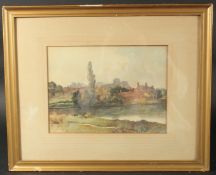 A.W. Rich, A view across a river to houses, a church and village beyond, watercolour, signed, 8