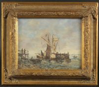 20th Century, boats moored by a jetty, oil on panel, indistinctly signed, 8