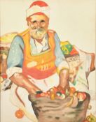 A study of a North African market trader, watercolour, signed with initials M.W., 12