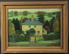 Brenda Johnson (20th Century), House surrounded by mature trees with kitty on the front door step,
