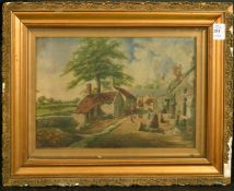 19th Century Scottish School, figures and livestock outside farm buildings, oil on canvas,