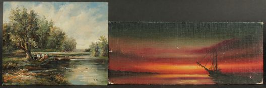 S. Banks (20th Century), figures resting on a river bank with cows in a field beyond, oil on