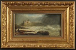 19th Century English School, figures by a rowing boat on a rocky coastline with castle ruins beyond,