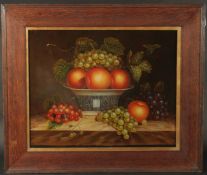 20th Century, A still life of apples and grapes on a ledge, oil on panel, 16