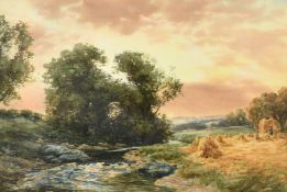 John Hamilton Glass (1890-1925) Scottish, A landscape view of figures gathering in the hay near to a