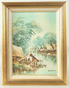 Nikit Kampan (b. 1930) Thai, a figure in a boat approaching dwellings on a river, oil on board,