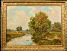 Robert Fenson, (Henry Maidment) (fl. 1889-1914) British, A river landscape with cattle on a bridge
