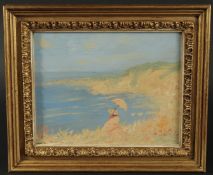 20th Century School, a female figure holding a parasol with a coastal view beyond, oil on board,