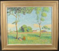 Erick Oldham (20th Century), Two figures seated under a tree in a landscape near farm buildings, oil