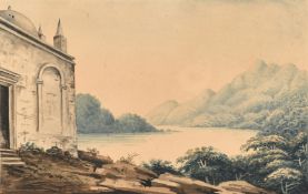 Circle of William Daniell, A temple on the edge of a lake, watercolour, inscribed 'Indian view', 5.