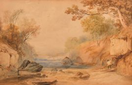 Henry Gastineau, 'View on the Conway, North Wales', a fisherman standing at the edge of a river,