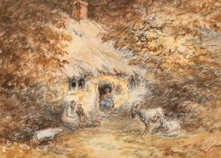 English School 19th Century, figures and livestock outside a rustic cottage, pencil and watercolour,