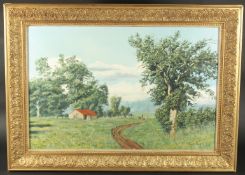 Michael Wood (20th Century), A landscape with a man and dog on a track near to an old building
