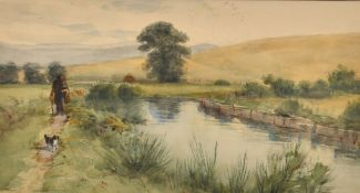 Circle of Frank Gresley, a traveler and his dog on a riverside path,watercolour, 6