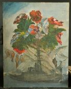 20th Century French School, a still life composition of flowers with birds, oil on canvas, 28.25