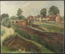 Kathleen Tyson (1898-1982), British, A rural scene with houses in a row opposite a canal and lock,