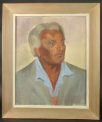 Two portraits, a lady with long dark hair wearing a light blue jacket and green scarf, oil canvas on