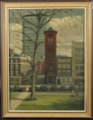 Brenda Johnson (20th Century), 'Centre Point from Soho Square', oil on board, label verso signed and