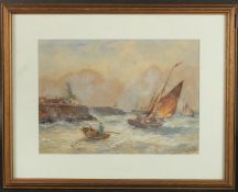 Robert Malcolm Lloyd (1859-1907), Choppy seas outside a harbour wall with sailing boats,