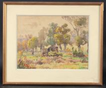 A landscape view of a figure near a hut in Nancy, France, watercolour, signed, inscribed and