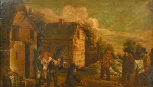 18th Century, Manner of Teniers, A group of men outside an inn playing bowls, oil on panel, 12.25
