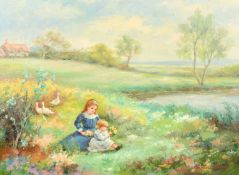 Richard Moore, 20th Century, Girls collecting wildflowers, oil on canvas, signed, 18
