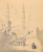 Attributed to Bonello, two pencil drawings of figures in a market place and figures gathered outside