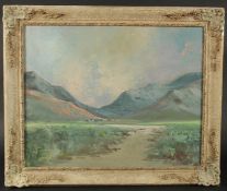Charles More, 20th Century, a view of stone cottage in a mountain valley, oil on board, signed,