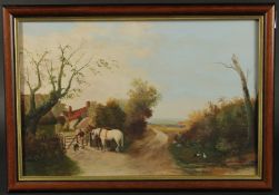 H. Sexton, Circa 1912, figures and horses by a gate on country road, oil on board, signed, 12