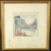 47333 A valley scene with mountains and foliage by the water's edge, watercolour and wash, 5.5