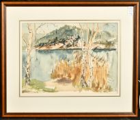 A landscape view of trees and grasses by the water's edge, watercolour, indistinctly signed in