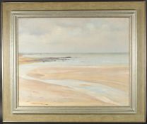 Mid 20th Century, A view from a beach out to sea, a crofters cottage and a loan boat off the