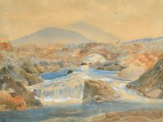 An early 20th Century scene of a figure on a stone bridge over a mountain river, watercolour,