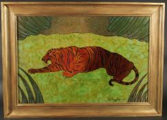 Anne Dunbar Graham (20th Century) A Tiger in a landscape, mixed media including shellac on board,