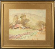 William Oates (1862-1945) Australian, Farm buildings beneath a large mountain, watercolour, signed