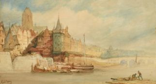 Paul Marny, A continental canal scene with moored barges and boats near a bridge, figures tending to