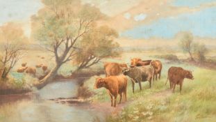 Tom Rowden (1842-1926) British, A landscape view with cattle by the edge of a stream and a small