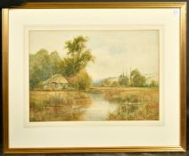 Wiggs Kinnaird (1870-1930) British, An extensive river landscape with a house, ducks on the river