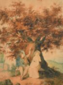 Follower of Francis Wheatley, A courting couple seated on a bench under a tree with a dwelling