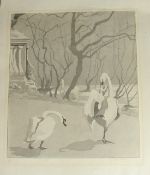 20th Century Continental, Three swans by the water's edge of a tree lined lake, print, numbered 16/
