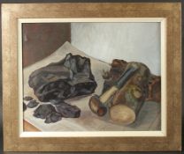 Townsend (20th Century) A still life of wood and charcoal with a hammer, oil on canvas, signed on