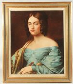 A 20th Century Portrait of a lady wearing a turquoise coloured off the shoulder dress and holding