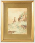 Rubens Southey (1881-1933) British, A coastal scene with waves crashing against the cliff,