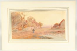 F. Clifford, 'Great Shefford Berks', A woman passing a village pond at sunset, watercolour,