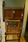 Oak hanging cupboard and two stools.