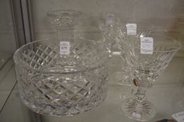 Waterford crystal to include a bowl, candle stand and three wine glasses.