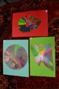 In the manner of Damien Hirst, three spin pictures depicting an artists palette, a skull and a