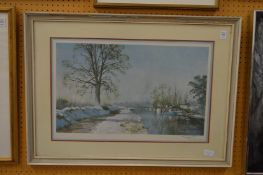 Terence Cuneo, Winter landscape with canal, colour print, pencil signed.