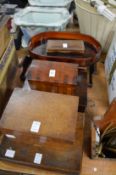 Wooden items to include a writing slope, tea caddy, trays etc.