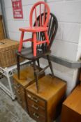 A childs chair, a wheelback chair and a pair of Art Deco walnut bedside chests.